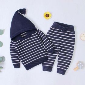 Baby 1pcs Striped Pattern Knitted Hoodie With Hat & Pants Warm Sets (Color: Black, Size/Age: 90 (12-24M))