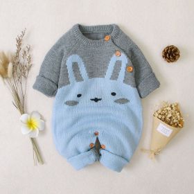 Baby 1pcs Cartton Bunny Graphic Contrast Design Shoulder Button Design Knitted Romper (Color: Blue, Size/Age: 80 (9-12M))