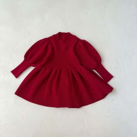 Baby Girl Solid Lantern-Sleeved Knitting Dress In Autumn (Color: Red, Size/Age: 66 (3-6M))