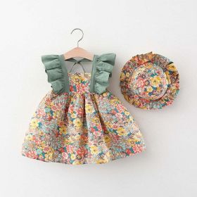 Baby Girl Flower Pattern Butterfly Sleeve Design Cute Dress With Hat (Color: Green, Size/Age: 73 (6-9M))