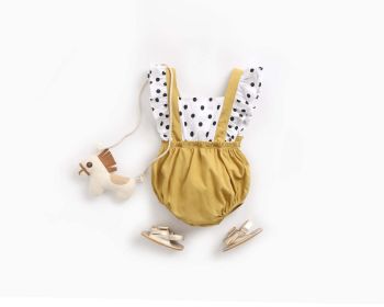 Baby Girl Polka Dot Pattern Patchwork Design Fly Sleeve Back Strap Fake Two-Piece Newborn Baby Girl Onesies (Color: Yellow, Size/Age: 80 (9-12M))