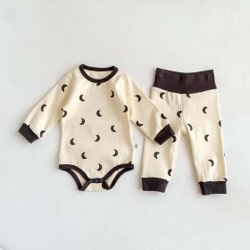 Baby Print Pattern Crewneck Long Sleeve Tops With Pants Sets (Color: Beige, Size/Age: 73 (6-9M))