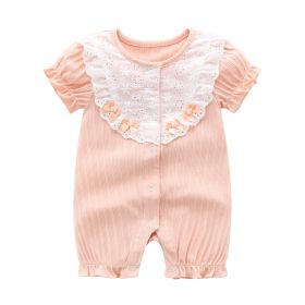 Baby Girl Printed Pattern Singel Breated Design Short Sleeve Rompers With Lace Patchwork (Color: Pink, Size/Age: 73 (6-9M))