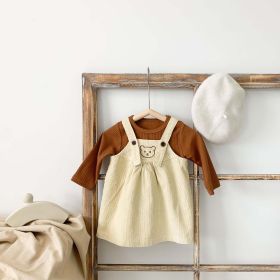 Baby Girl Solid Color Corduroy Fabric Tops Combo Bear Embroidery Straps Dress 2-Piece Sets (Color: Apricot, Size/Age: 90 (12-24M))