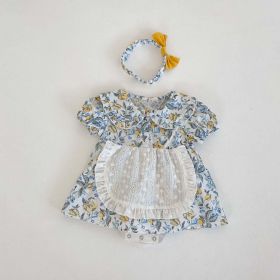 Baby Girls Floral Pattern Lace Patchwork Design Doll Collar Buttoned Puff-Sleeved Dress (Color: Blue, Size/Age: 66 (3-6M))