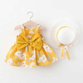 Baby Flower Pattern Bow Patched Design Sling Dress In Summer With Hat (Color: Yellow, Size/Age: 80 (9-12M))