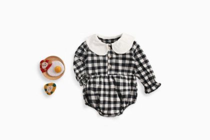 Baby Girl Plaid Pattern Doll Collar Design Long Sleeve Onesies With Buttons (Color: Black, Size/Age: 80 (9-12M))