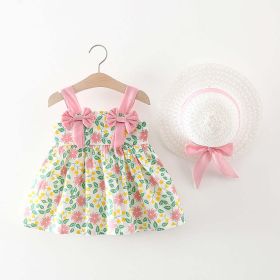 Baby Girl Flower Pattern Bow Patched Design Beautiful Dress (Color: Pink, Size/Age: 90 (12-24M))