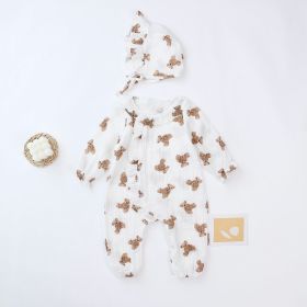 Baby Girls Bear Print Pattern Lace Design Round Collar Long-Sleeved Rompers With Hat (Color: White, Size/Age: 100 (2-3Y))