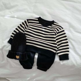 Baby Striped Pattern Waffle Fabric Hoodies Combo Pants Sets (Color: Black, Size/Age: 100 (2-3Y))