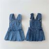 Baby Girl Denim Fabric Strap Design Pleated Dress Fashion Korean Style Dress